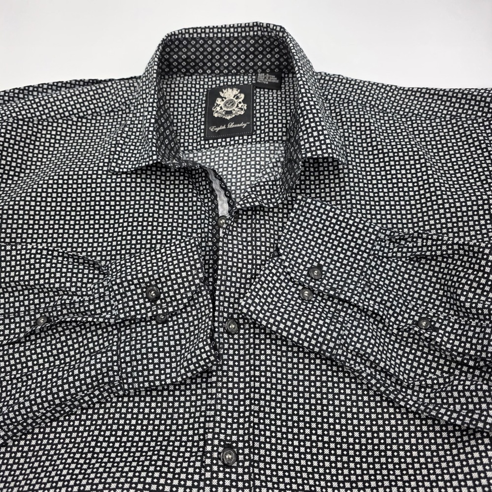 English Laundry Shirt Mens Large Geometric Black White Pattern Long Sleeve‎